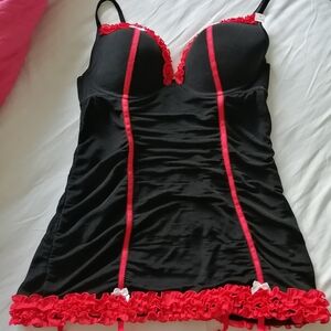 Sultry Black and Red Chemise with Ruffled Lace Trim